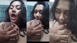 Busty Pakistani Lady With Very Large Boobs Sucks Her Own Boobs As She Flaunts It