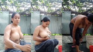Beautiful Busty Chubby Indian Lady Flaunts Her Boobs While Taking A Brief Shower Outdoor