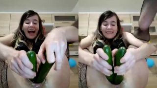Weird White Lady Fucking Her Pussy With 2 Cucumber At The Same Time